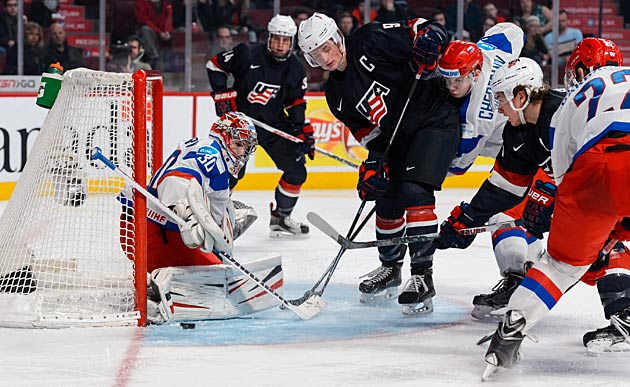 U.S. captain Jack Eichel (9) in action against Russia at the 2015 world juniors in Montreal.